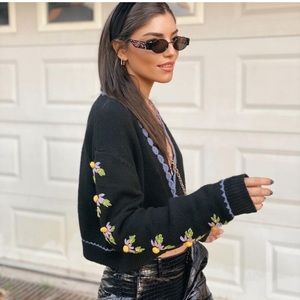 🔖 RARE!!! S ZARA Floral Sleeve Knit Embroidered Cardigan Navy Yellow